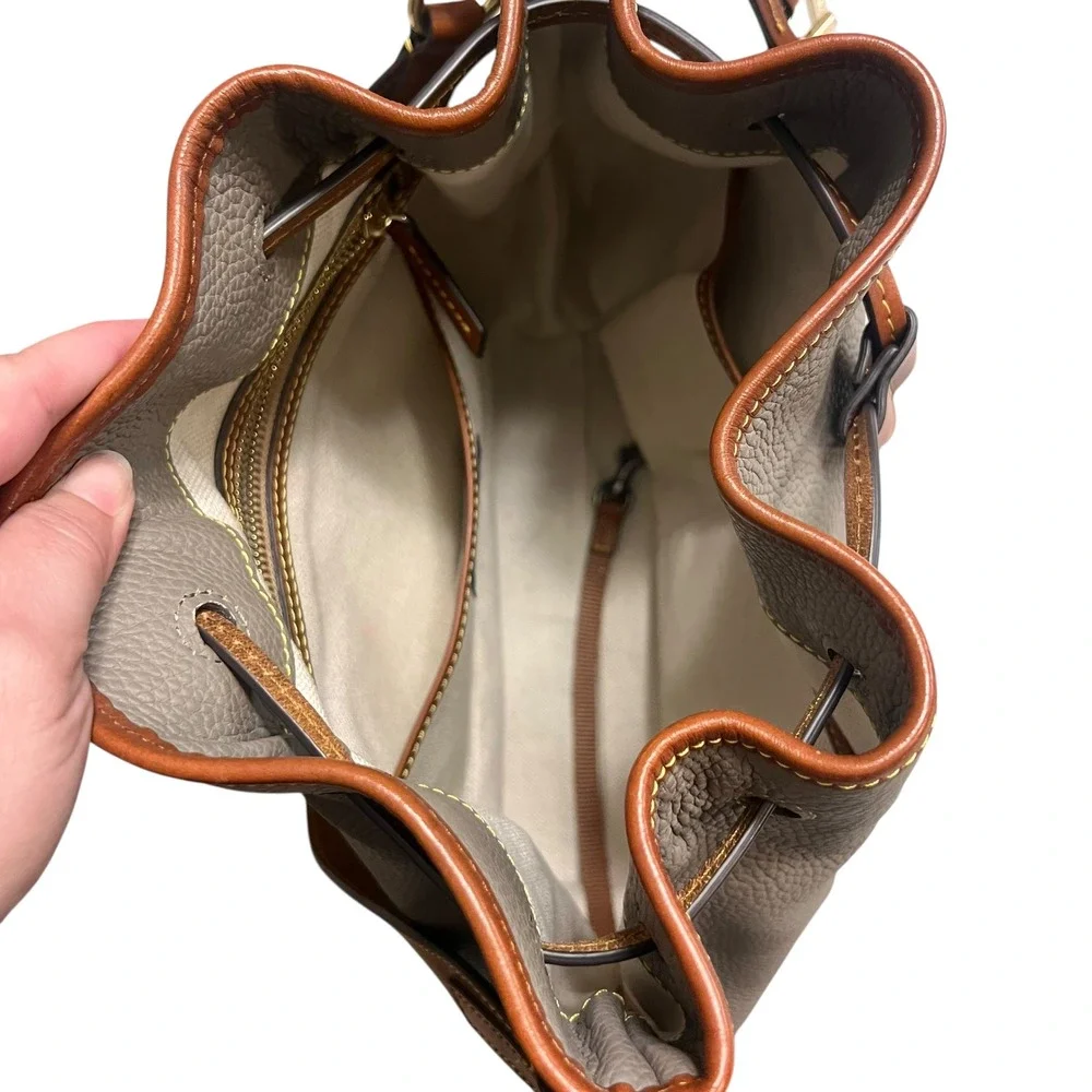 Dooney & Bourke Pebble Grain Small Drawstring Bag Grey Tan Leather Trim Shoulder